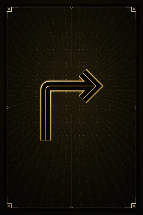 A single gold art-deco arrow turning a corner on black, framed by fine gold rays and a thin border