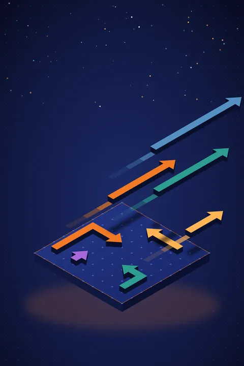 Isometric board floating in a starry night sky with orange, teal and blue arrows flying off it