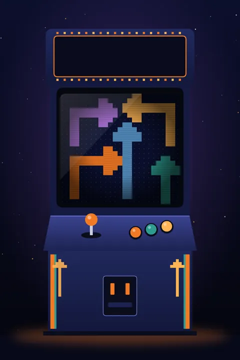 A pixel-art arcade cabinet whose screen shows orange, blue, purple and green arrows on a dark grid