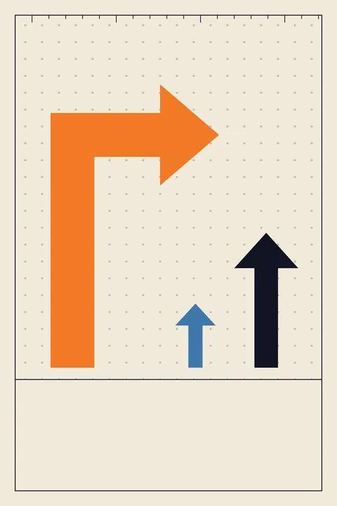 Bold Swiss-style poster with a large orange corner arrow and two smaller arrows, blue and navy, on cream dotted paper
