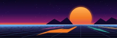 Synthwave banner of a huge orange sun over dark mountains, with glowing arrows racing across a neon grid