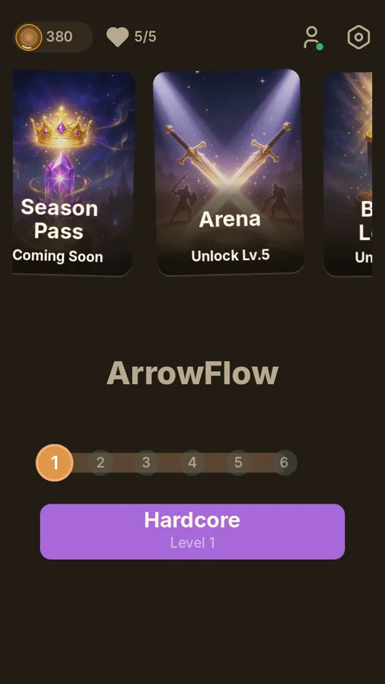 arrowVON home screen in Dark Mode, showing coins, hearts, and the Hardcore level track