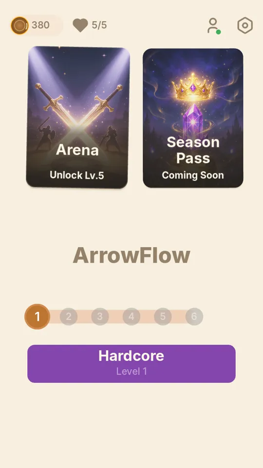 arrowVON home screen in Light Mode, showing coins, hearts, and the Hardcore level track