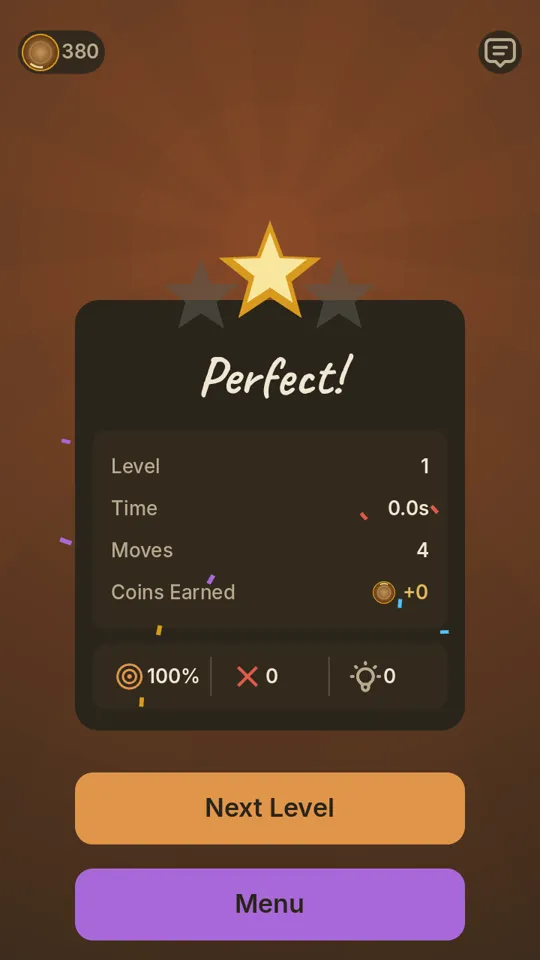 Level complete screen with a star, Perfect rating, and a Next Level button