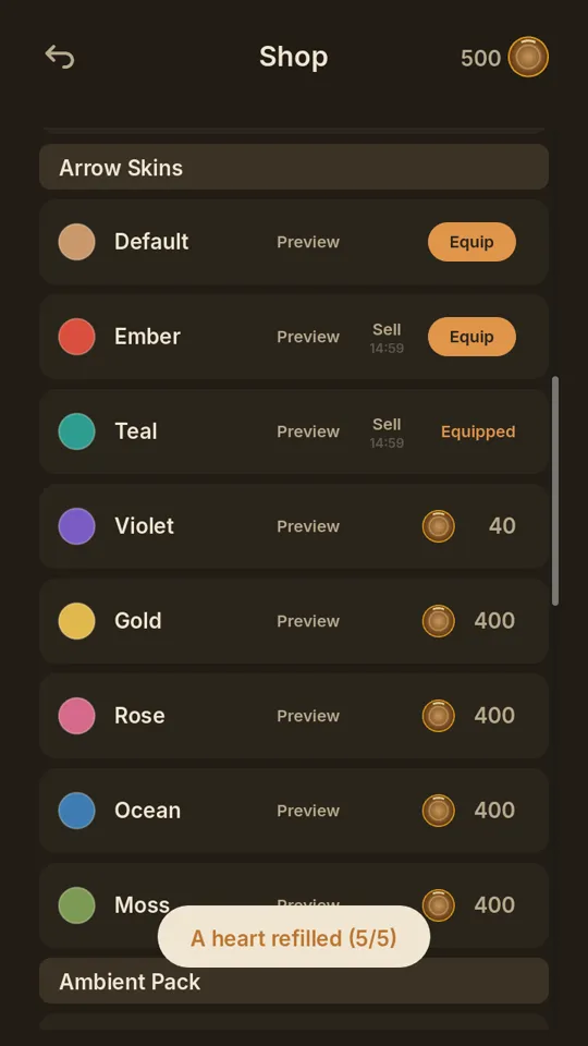 The Vault shop screen listing arrow skins with coin prices